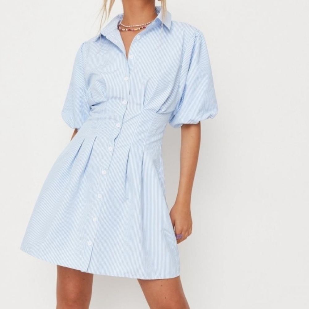 Missguided Seersucker Pinstripe Blue and White Puffy Sleeve Dress